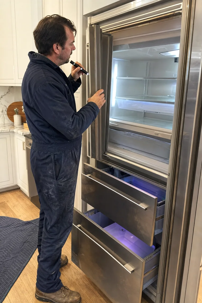 An open stainless refrigerator column with its interior light on and its lower drawers extended, a technician standing to one side of it in a bright kitchen with pale cabinetry.
