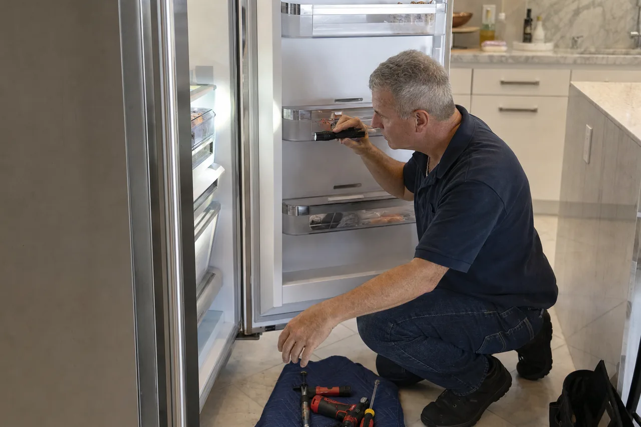 A grey-haired technician in a dark polo crouching at an open stainless built-in refrigerator, shining a small flashlight across the empty door shelves, his hand tools laid out on a folded blue cloth on the tiled floor beside him.