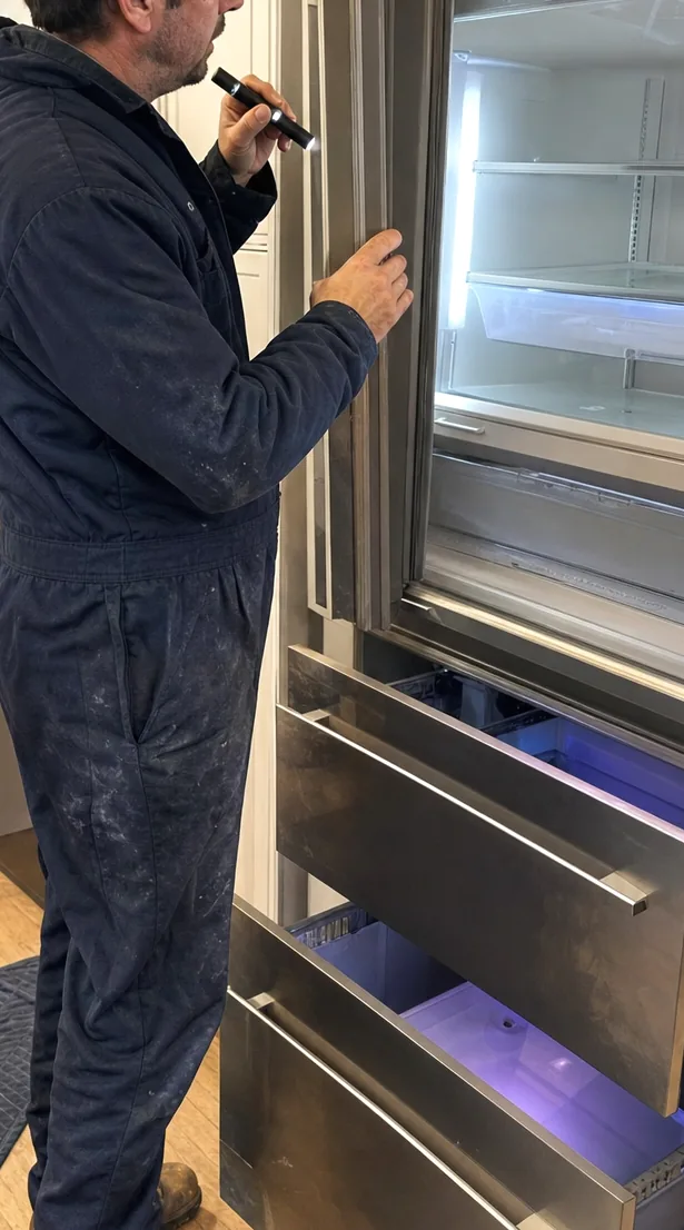 A close view of the open upper compartment of a built-in refrigerator, its glass shelves and lit liner filling the frame with the door held wide.