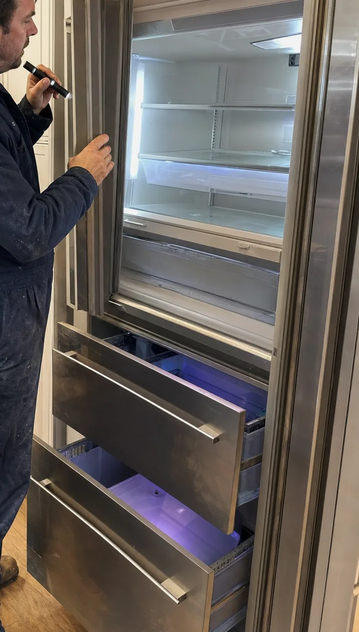 The inside of an open refrigerator compartment: glass shelves, a bare white liner and the rear wall vents, lit by the cabinet’s own interior light.