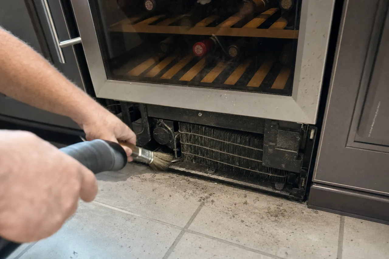 A technician brushing lint from the condenser coil behind the removed lower grille of a glass-fronted wine cabinet, a vacuum nozzle in his other hand and grey dust on the tiled floor.