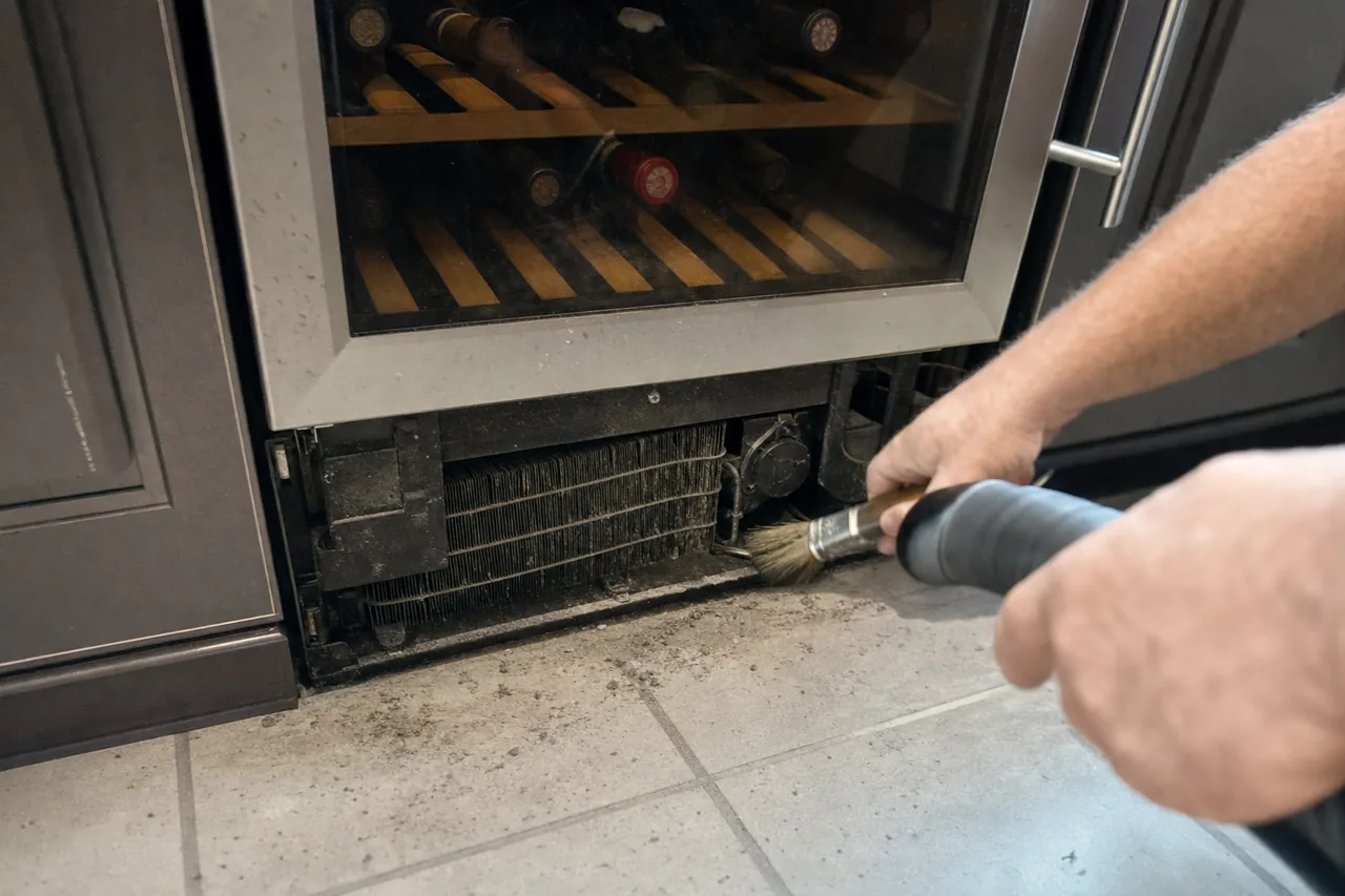 A condenser coil and its return bends exposed behind the lower grille of a cabinet, packed with grey felted dust, with a brush held against the fins.