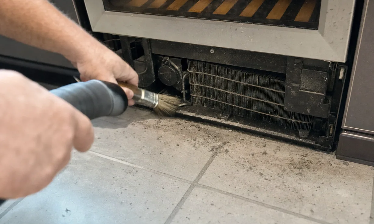 The lower grille area of an undercounter cabinet with the coil exposed, a soft brush against the fins and a scatter of grey dust on the tile in front of it.