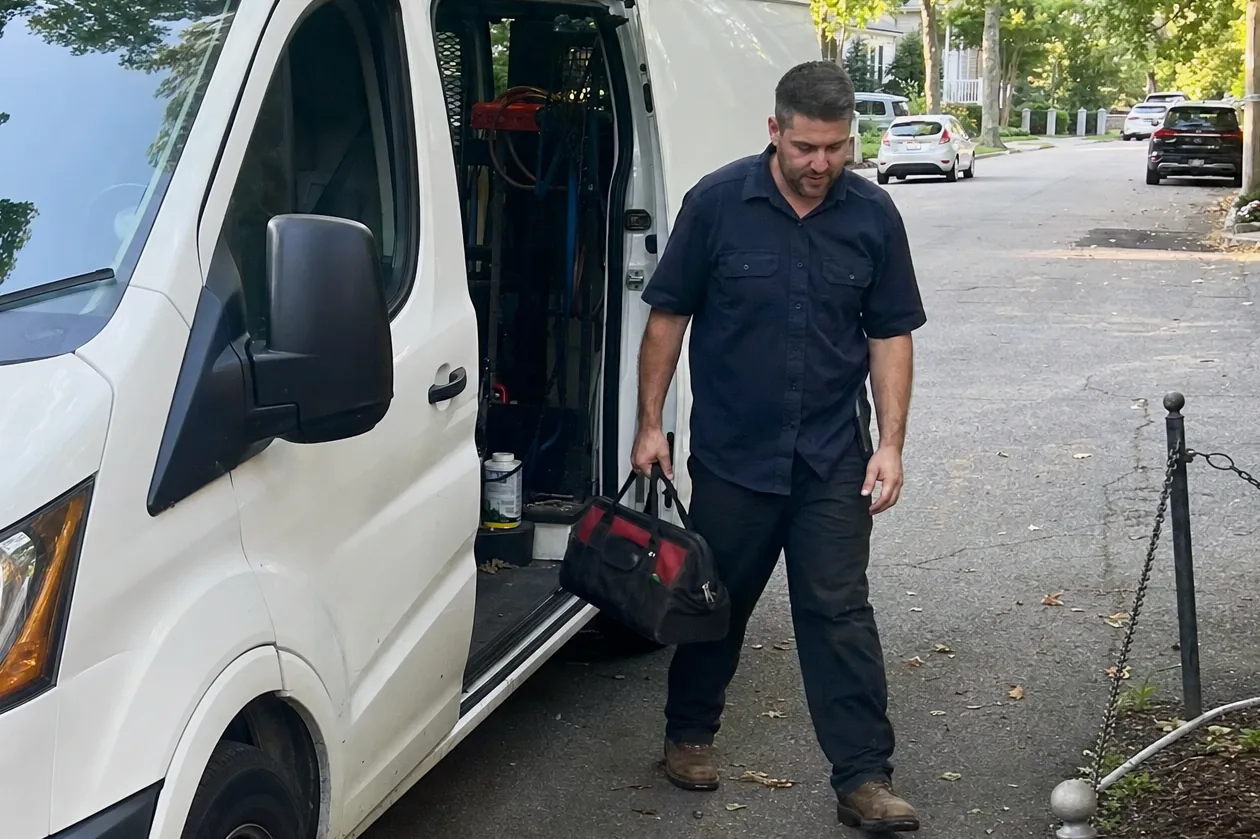 A service van parked on a quiet street under heavy tree cover, the technician stepping down from the open side door with his bag, a low stone wall in the foreground.
